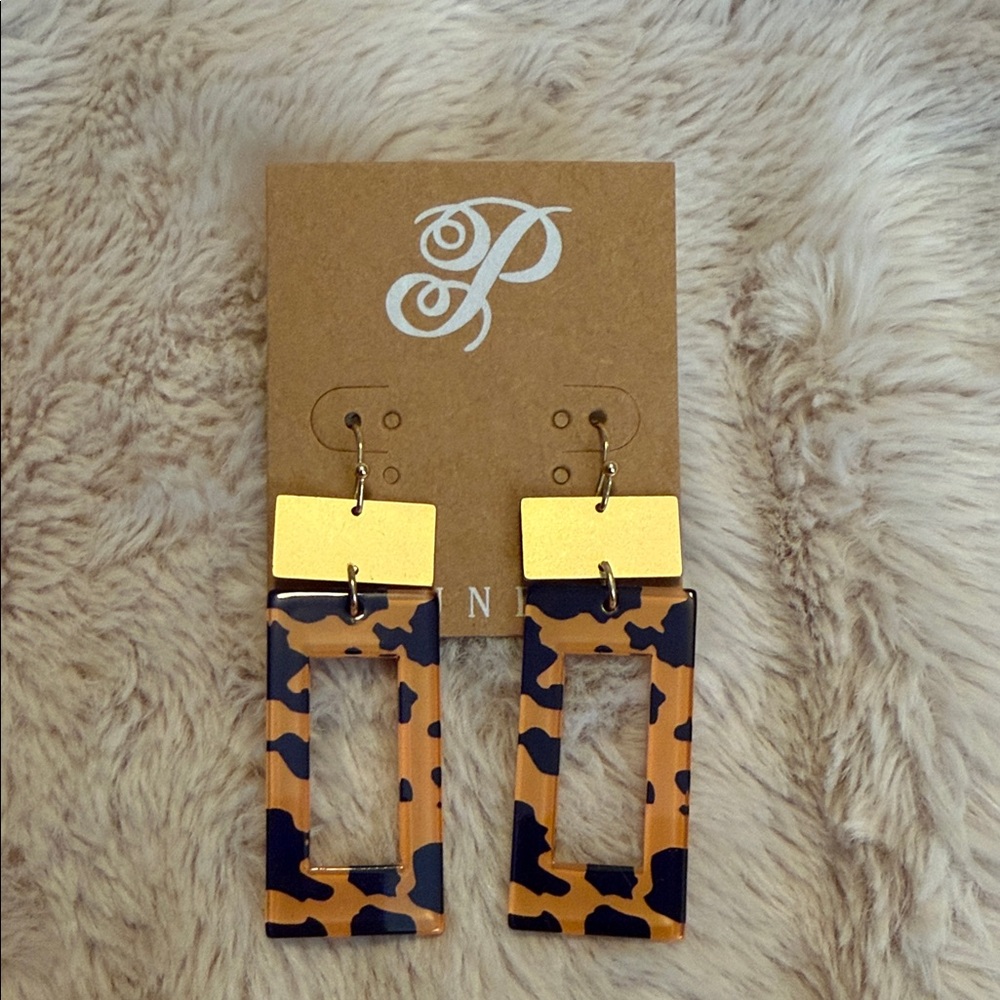 Plunder Gold and Brown Leopard Rectangle Drop Earrings